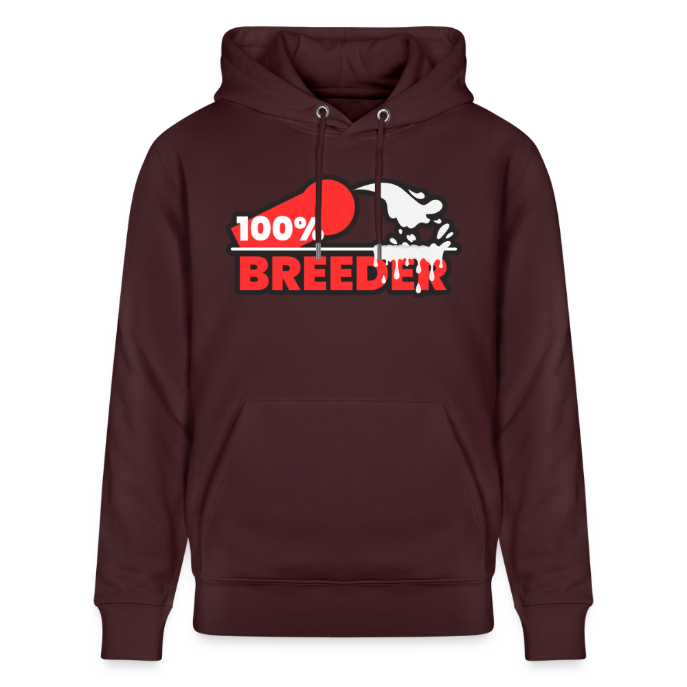 Maroon Bio-Hoodie mit dem markanten roten "100% Breeder" Kink Fetish Design – ideal für dominante Männer bei CSD und Fetisch Events