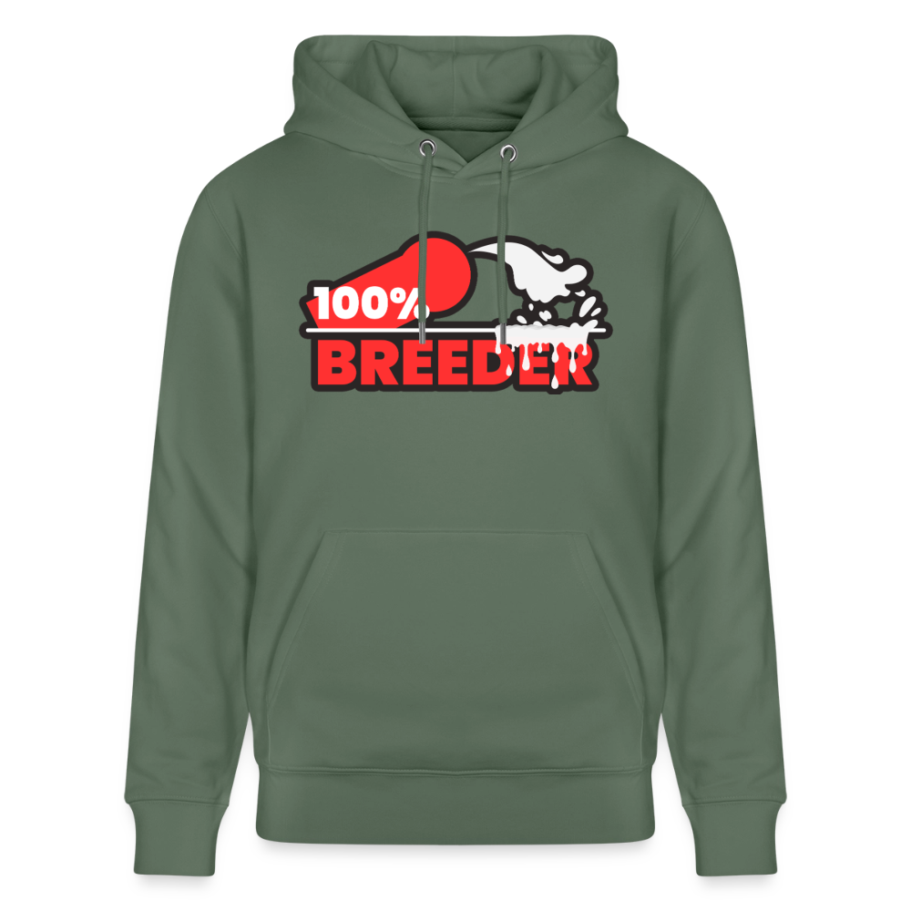 Tanngrünes Bio-Hoodie mit kraftvollem 100% Breeder Statement – für aktive Tops und dominante Puppy Player
