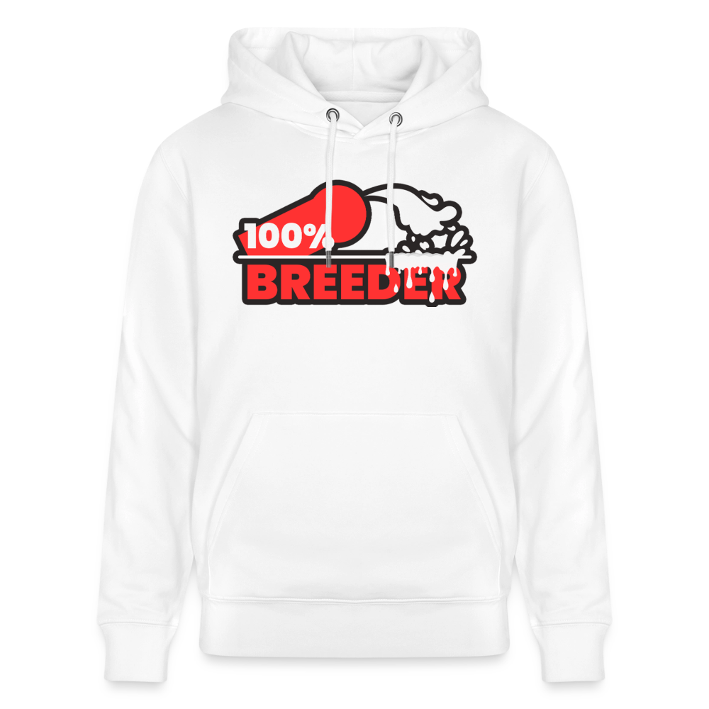Weißes Bio-Hoodie mit kräftigem roten "100% Breeder" Fetish Pride Design