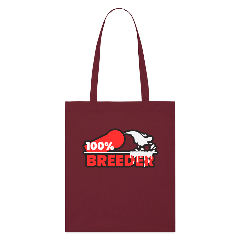 Burgunderroter Bio-Stoffbeutel mit dem starken "100% Breeder" Kink Fetish Design von PrideLAB auf transparentem Hintergrund