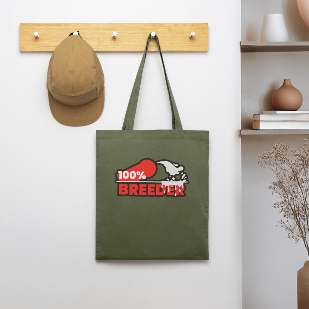 Khakifarbener Bio-Stoffbeutel mit starkem "100% Breeder" Kink Pride Design