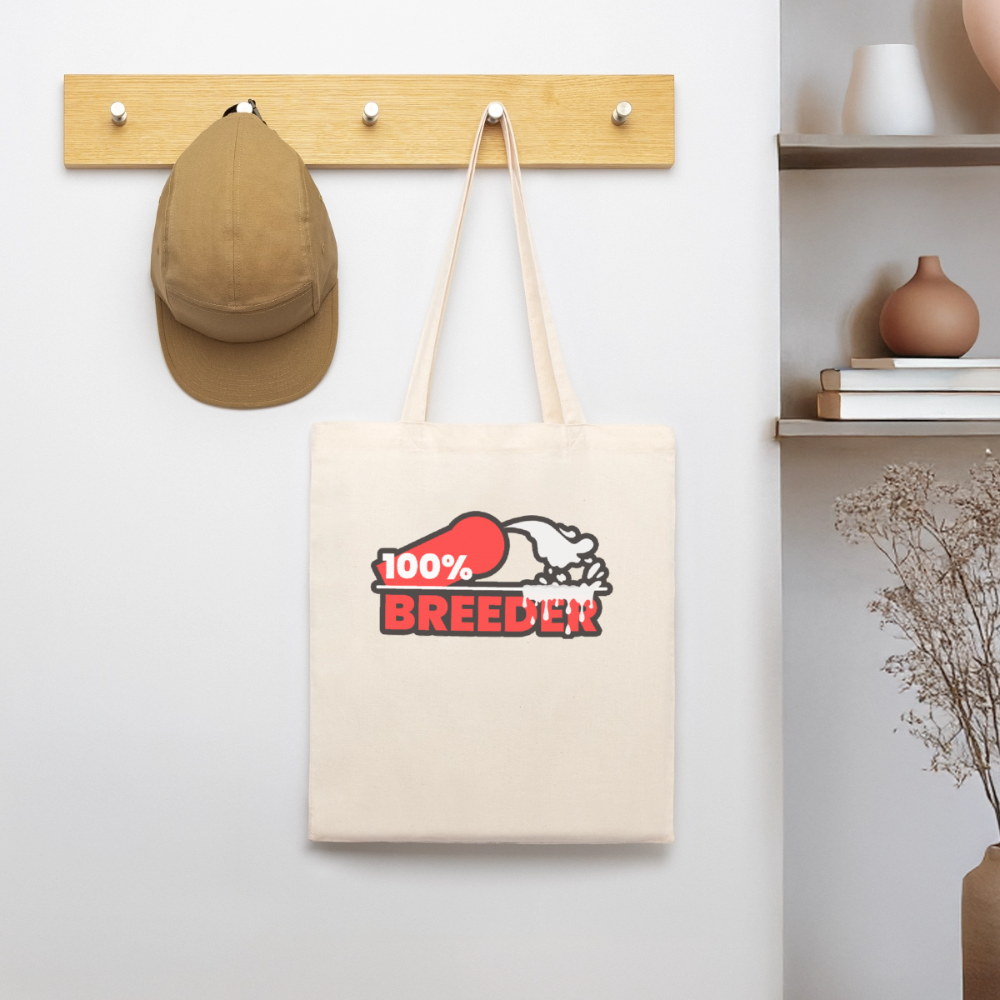 Natürlicher Bio-Stoffbeutel mit rotem "100% Breeder" Kink Design – ideal für Fetisch Pride und Puppy Szene