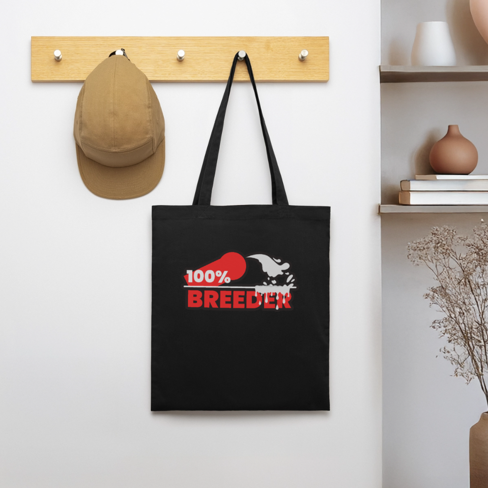 Schwarzer Bio-Stoffbeutel mit kräftigem "100% Breeder" Fetish Design – dominant und selbstbewusst