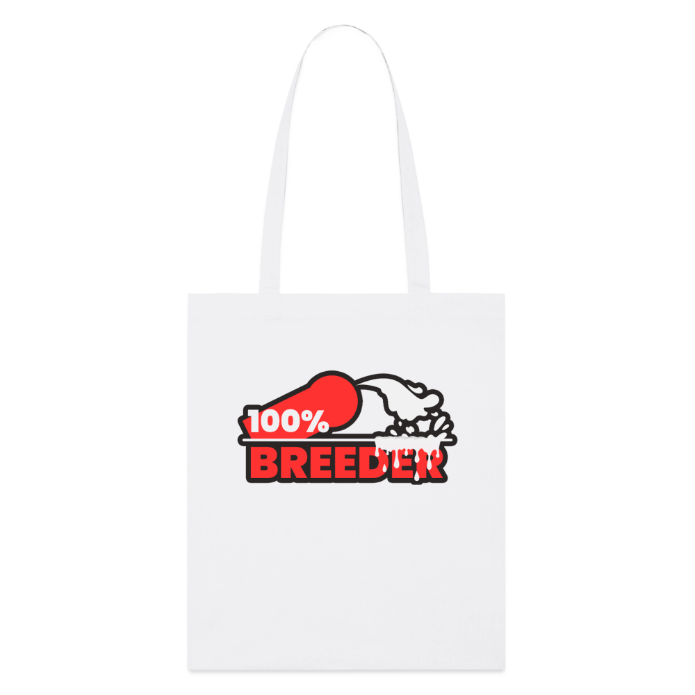 Weißer Bio-Stoffbeutel mit auffälligem "100% Breeder" Kink Fetish Design