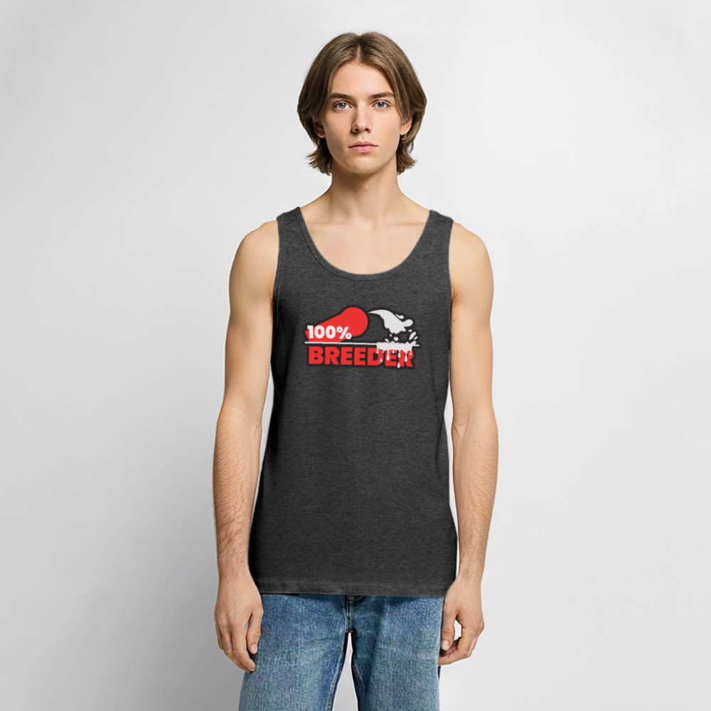 Junger Mann trägt anthrazit meliertes Premium Tank Top mit dem starken "100% Breeder" Kink Fetish Design von PrideLAB – selbstbewusstes Statement für dominante Tops und aktive Player in der Fetisch und Puppy Community