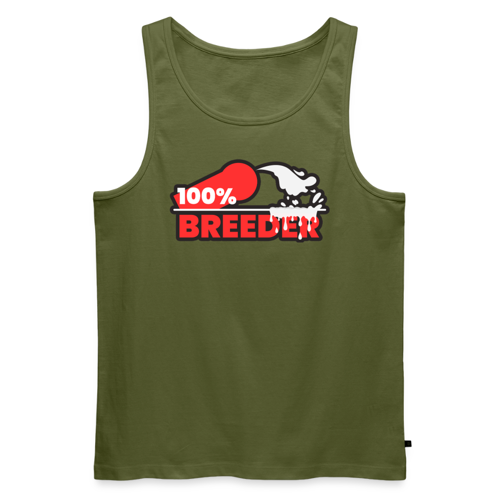 Khaki Tank Top mit dem markanten 100% Breeder Fetish Statement – kraftvolles Top-Design für Pride und Kink Events