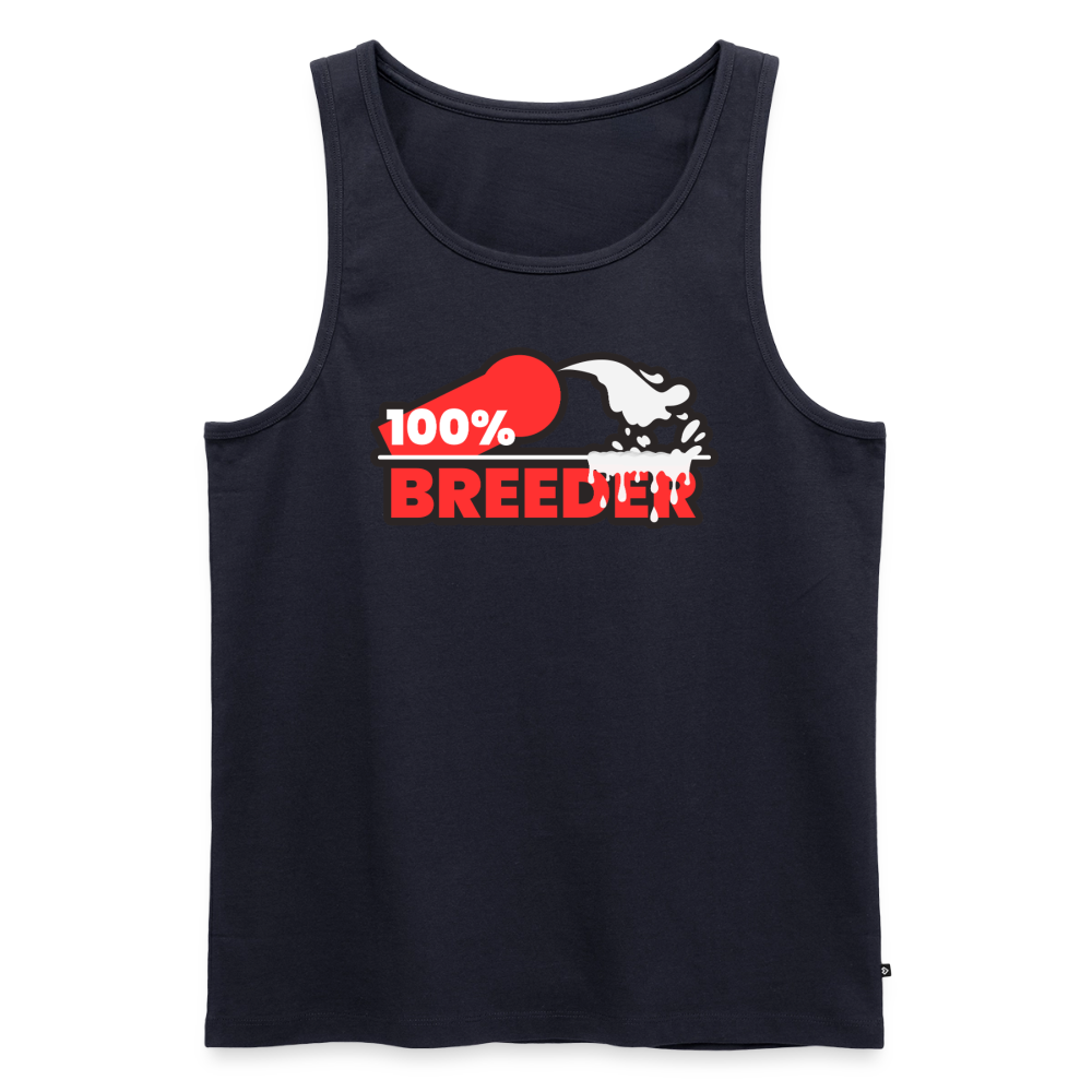 Navyblaues Premium Tank Top mit rotem "100% Breeder" Kink Design – für dominante Männer in der Fetisch und Puppy Szene