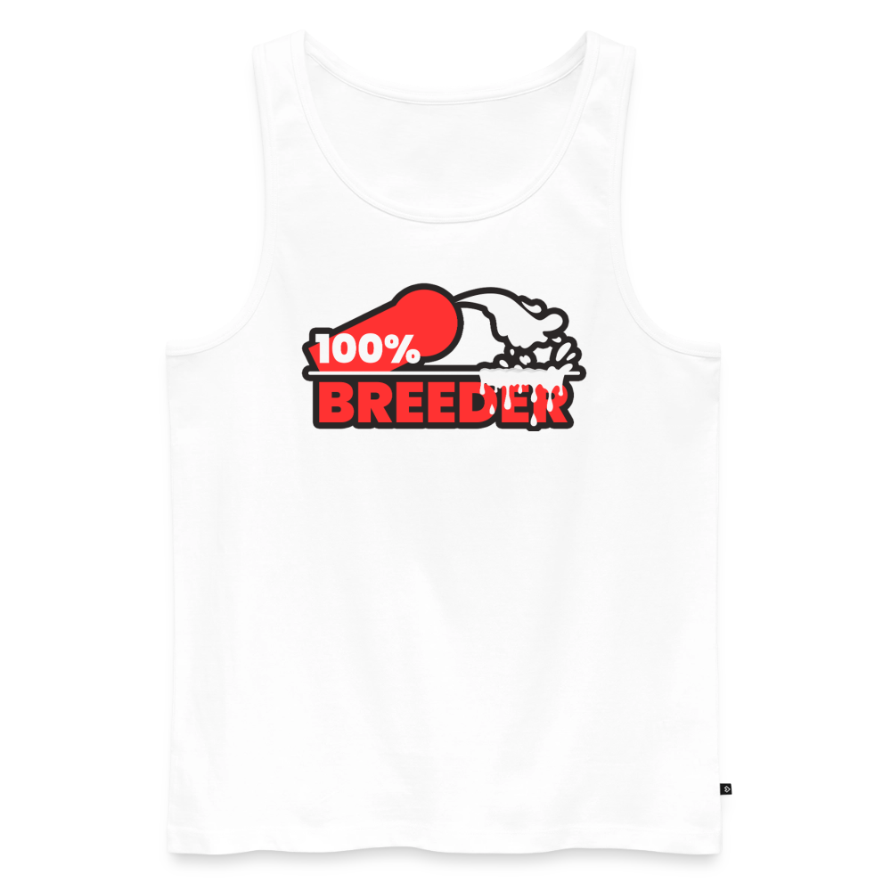 Weißes Premium Tank Top mit auffälligem roten "100% Breeder" Kink Fetish Design von PrideLAB