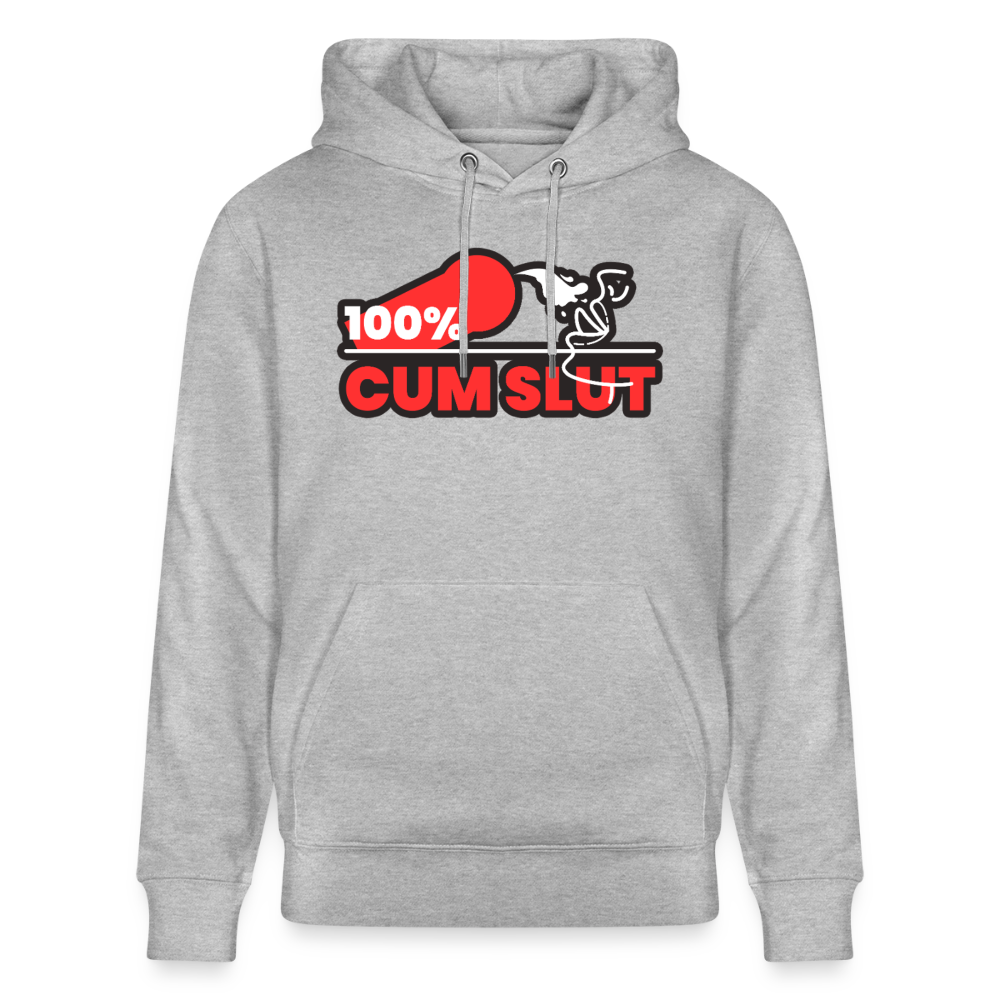 Grau meliertes Bio-Hoodie mit dem provokanten Cum Slut Kink Design