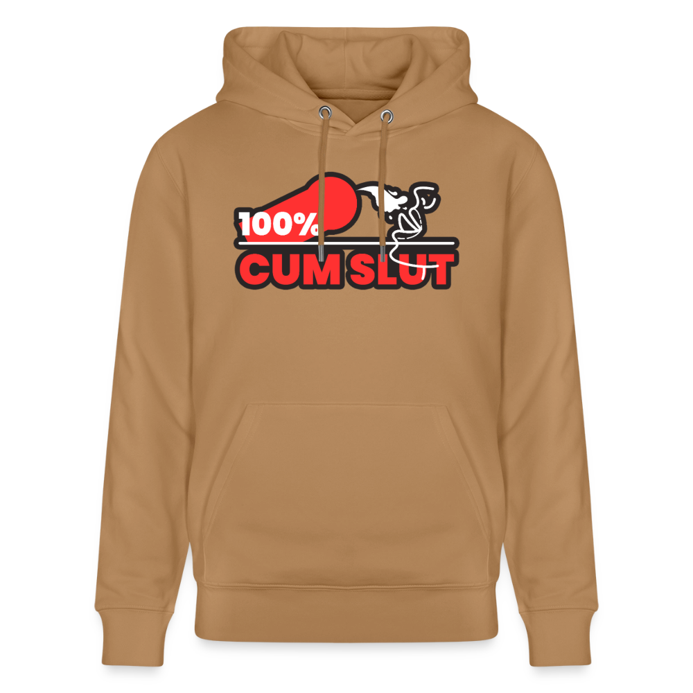 Karamellfarbenes Bio-Hoodie mit dem direkten Cum Slut Kink Design