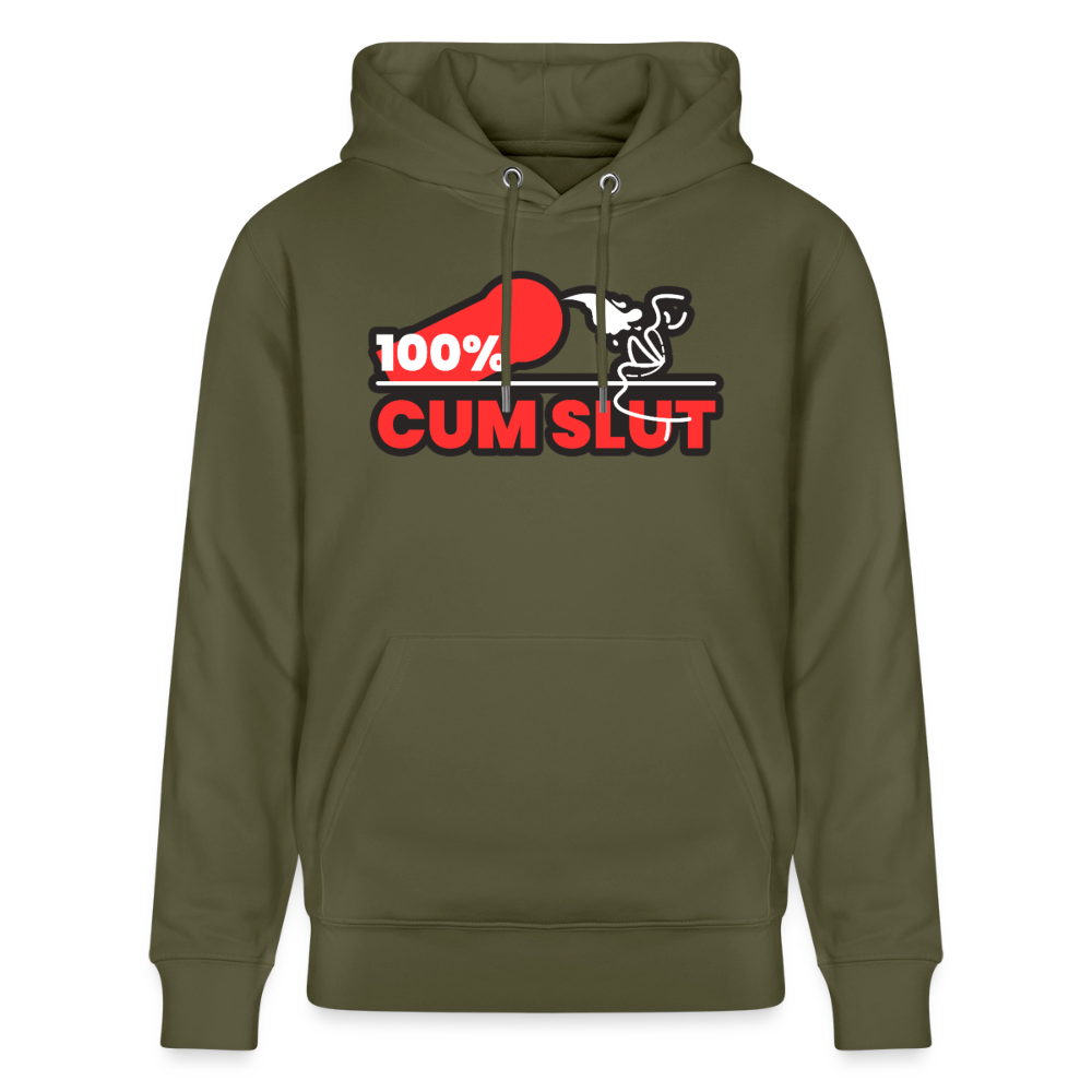 Khaki Grünes Bio-Hoodie mit starkem "100% Cum Slut" Fetish Statement