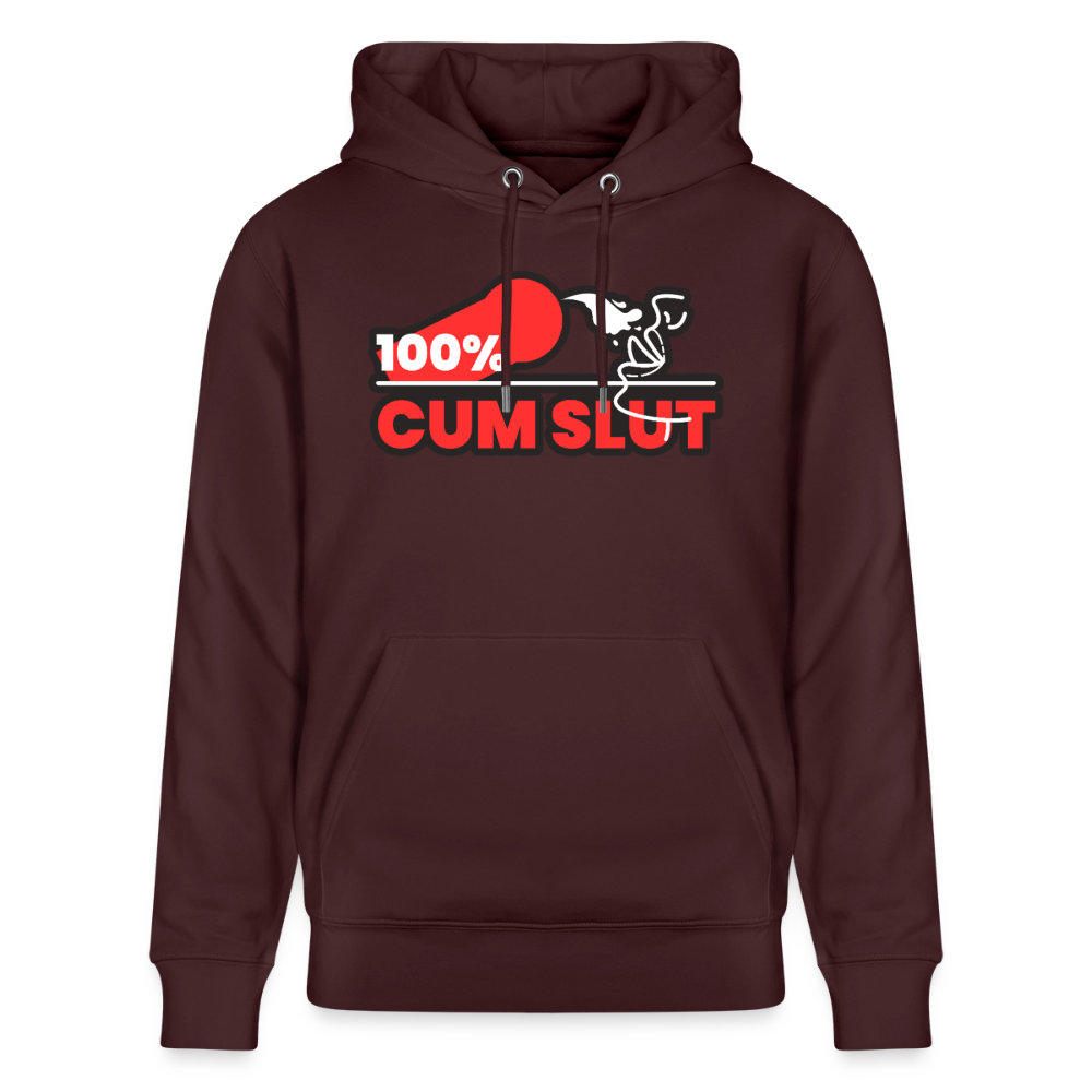 Maroon Bio-Hoodie mit auffälligem roten "100% Cum Slut" Kink Design – starkes Statement für devote Bottoms und Puppy Player