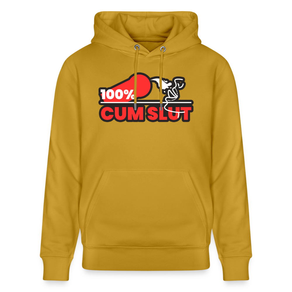 Ockerfarbenes Bio-Hoodie mit dem frechen 100% Cum Slut Kink Pride Design