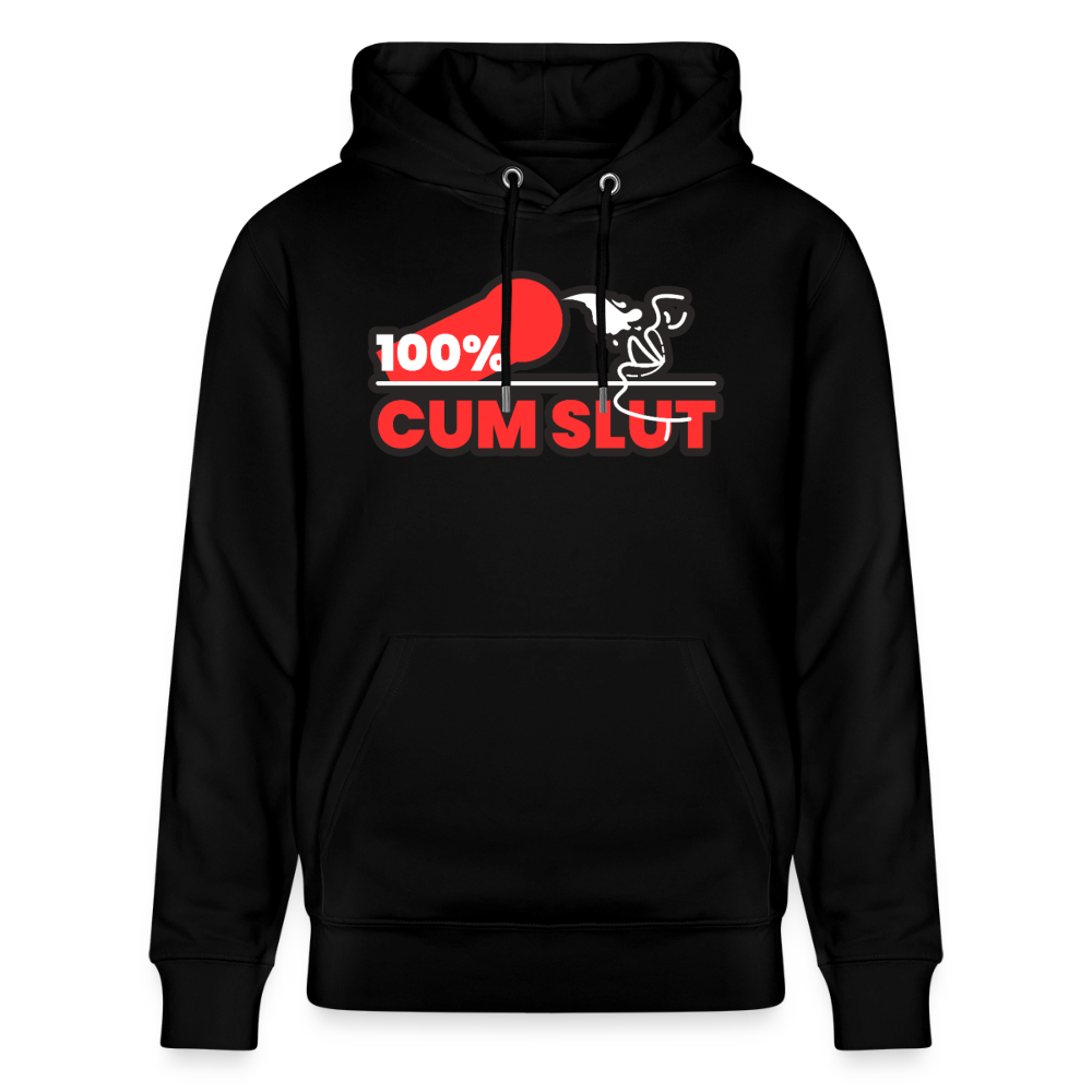 Schwarzes Bio-Hoodie mit dem ikonischen "100% Cum Slut" Kink Fetish Design