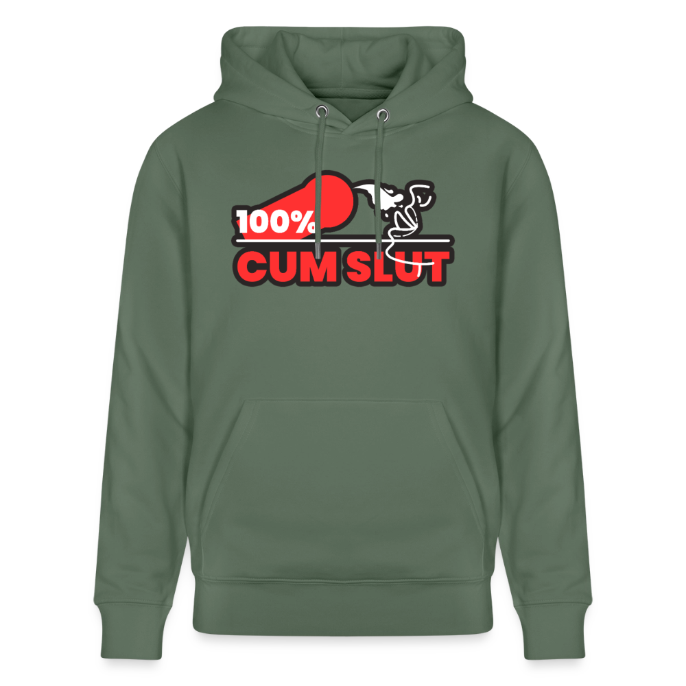 Tanngrünes Bio-Hoodie mit frechem "100% Cum Slut" Fetish Statement – für alle, die ihre devote Rolle offen zeigen