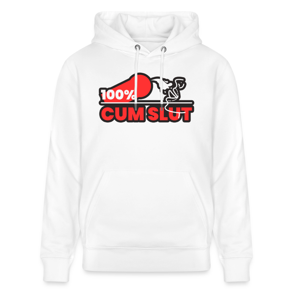 Weißes Bio-Hoodie mit kräftigem roten "100% Cum Slut" Statement