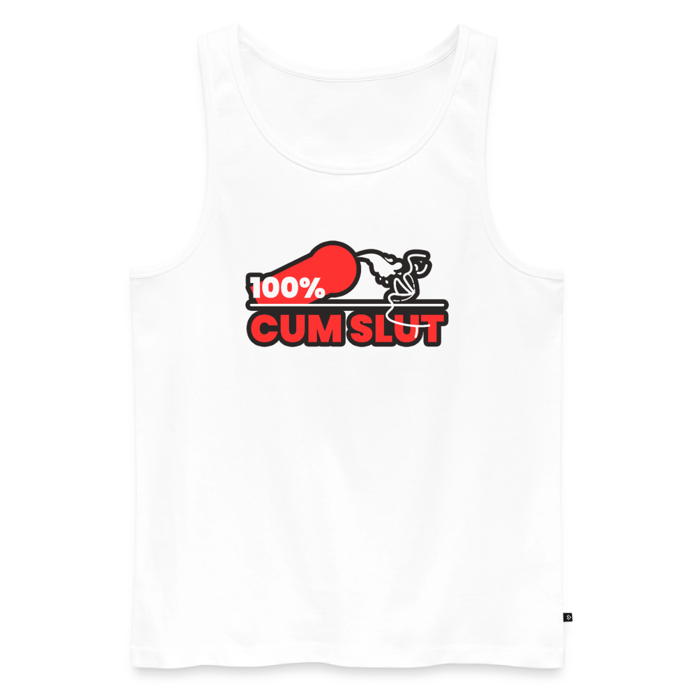 Weißes Premium Tank Top mit leuchtend rotem "100% Cum Slut" Kink Fetish Design – auffälliges Bottom Statement für Pride und Clubnächte