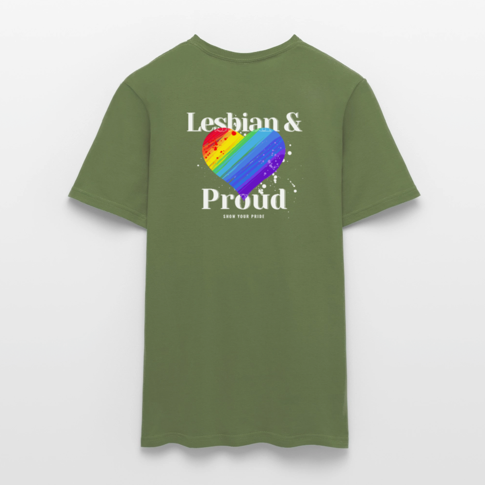 Lesbian & Proud | Regenbogenherz Pride T-Shirt - Militärgrün