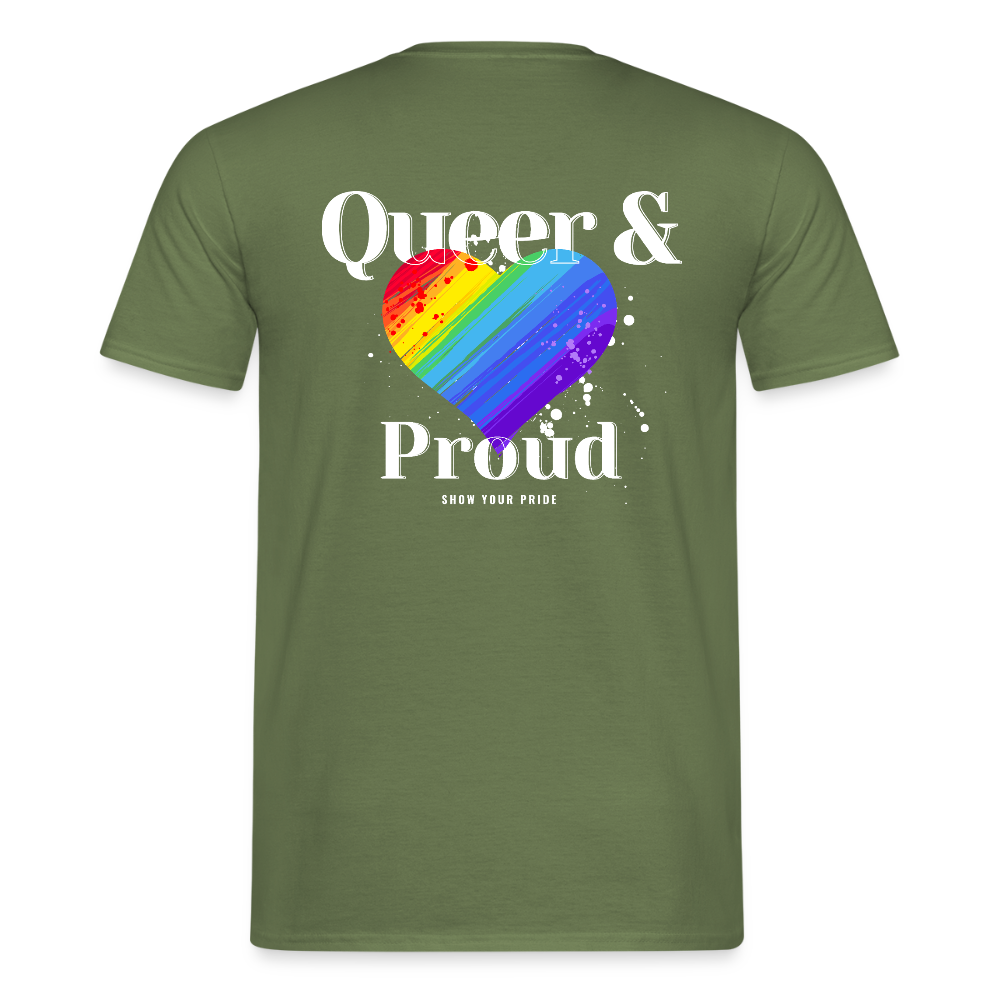 Queer & Proud | Regenbogenherz Pride T-Shirt - Militärgrün