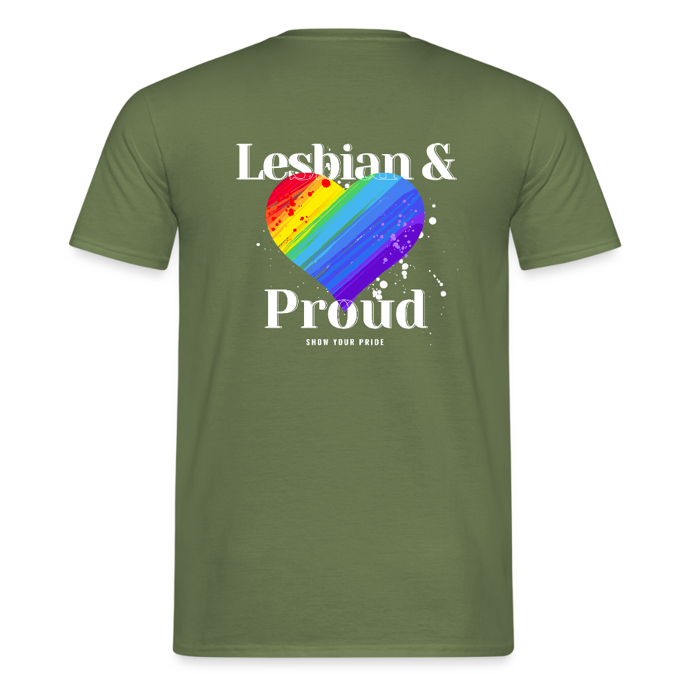 Lesbian & Proud | Regenbogenherz Pride T-Shirt - Militärgrün