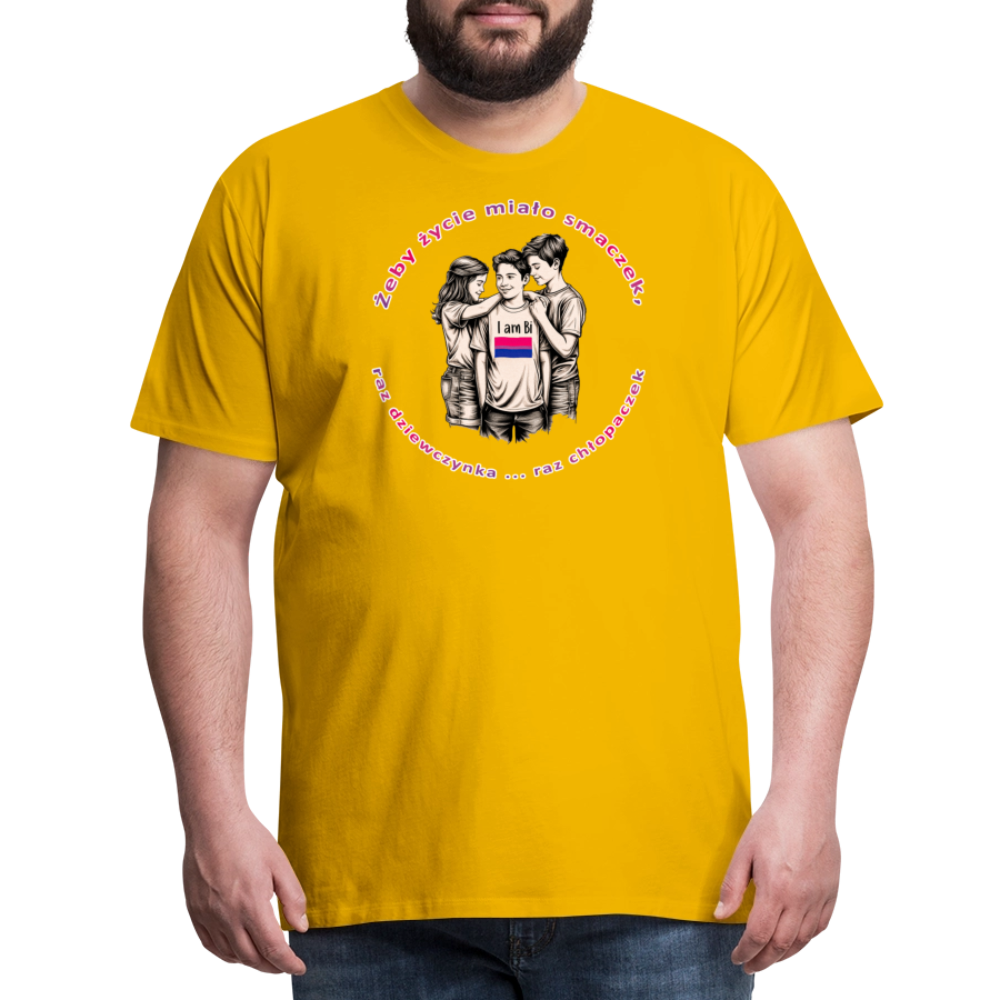 "Żeby życie miało smaczek, raz dziewczynka raz chłopaczek" Pride T-Shirt - Sonnengelb