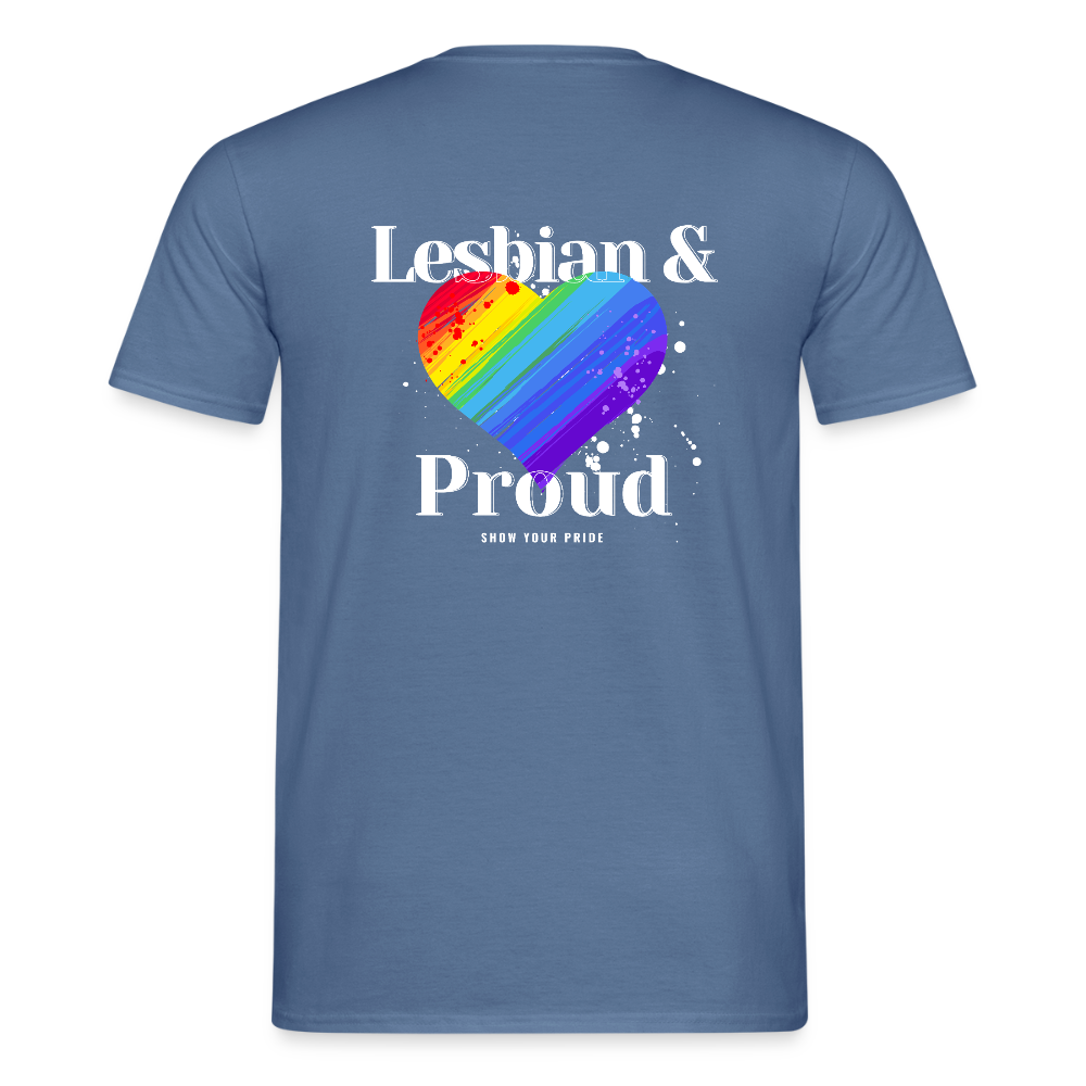 Lesbian & Proud | Regenbogenherz Pride T-Shirt - Taubenblau 