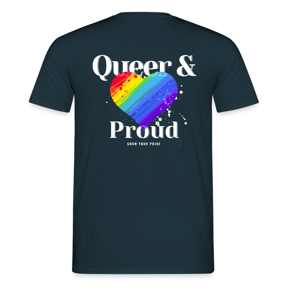 Queer & Proud | Regenbogenherz Pride T-Shirt - Navy