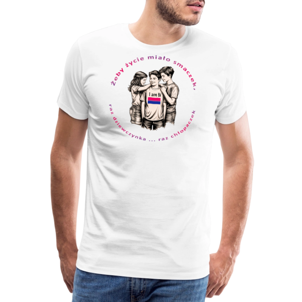 "Żeby życie miało smaczek, raz dziewczynka raz chłopaczek" Pride T-Shirt - Weiß