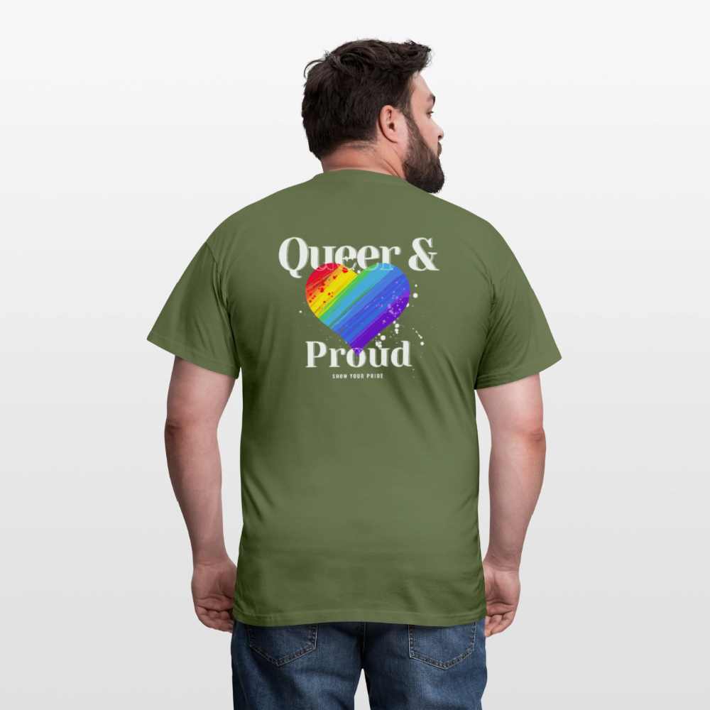 Queer & Proud | Regenbogenherz Pride T-Shirt - Militärgrün