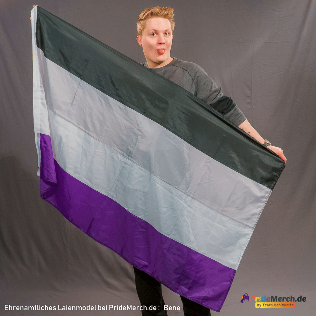 Das Laienmodell Bene posiert ausgelassen vor einem grauen Hintergrund und streckt frech die Zunge heraus. Er spannt die Asexuell Pride Flagge waagerecht vor seiner Brust auf. Die markanten Streifen der Ace-Flagge in Schwarz, Grau, Weiß und Violett leuchten stark im Kontrast zu seinem dunkelgrauen Pullover.
