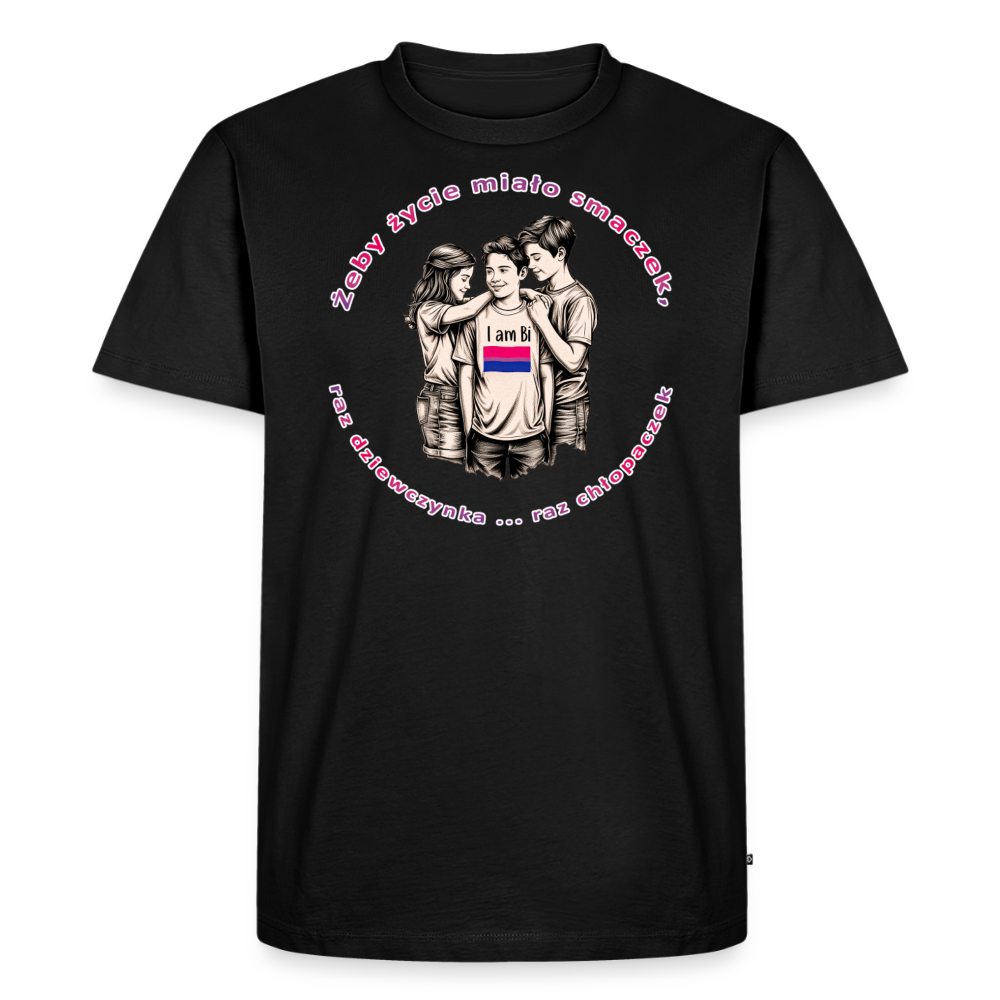 Auf dem schwarzen T-Shirt leuchten die pinke Typografie und die farbige Bi-Flagge besonders intensiv. Die Skizze der drei Personen im Zentrum macht das Design zum perfekten Pride-Aktivismus-Shirt.