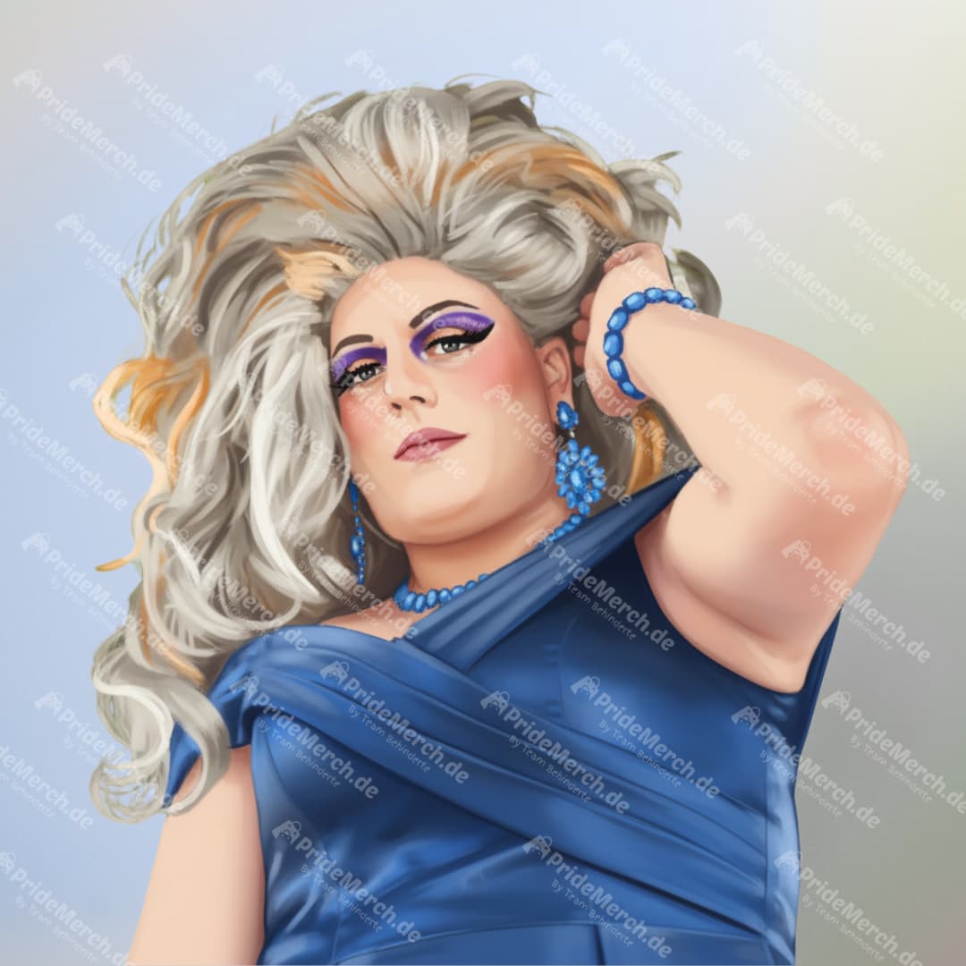 Eine Illustration zeigt Drag Queen Jolina Wings in einer Power-Pose mit einer Hand hinter dem Kopf, gekleidet in ein blaues Abendkleid.