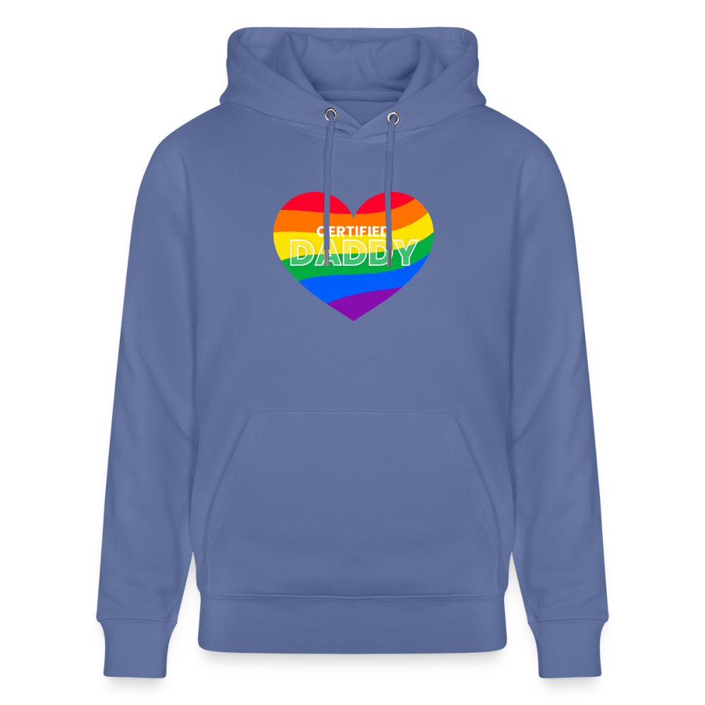 Blaues Bio-Hoodie mit leuchtendem "CERTIFIED DADDY" Kink Pride Motiv – für stolze Daddys in der Szene