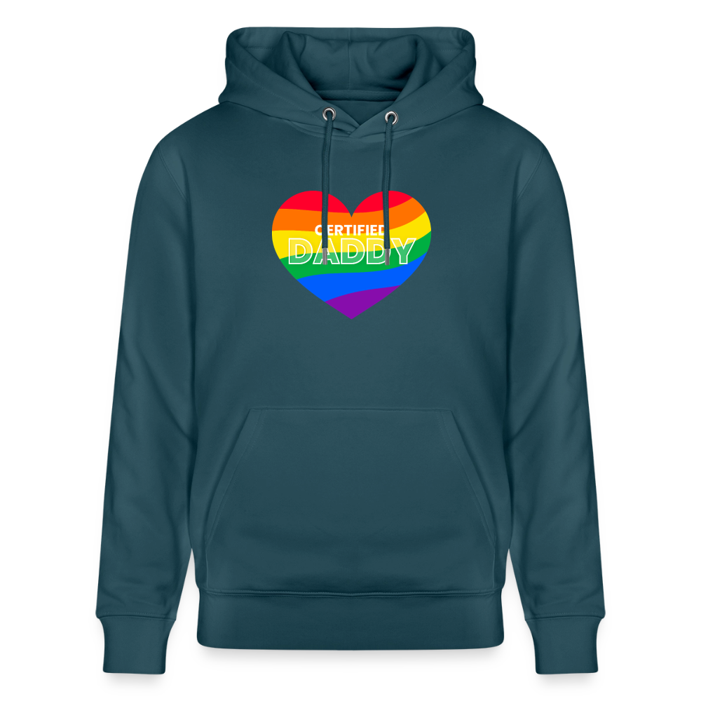 Dunkles Petrol Bio-Hoodie mit CERTIFIED DADDY Rainbow Herz – starkes Statement für dominante, erfahrene Männer