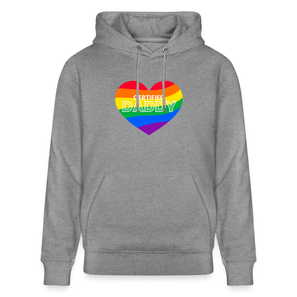 Hellgrau marmoriertes Bio-Hoodie mit CERTIFIED DADDY Kink Pride Motiv