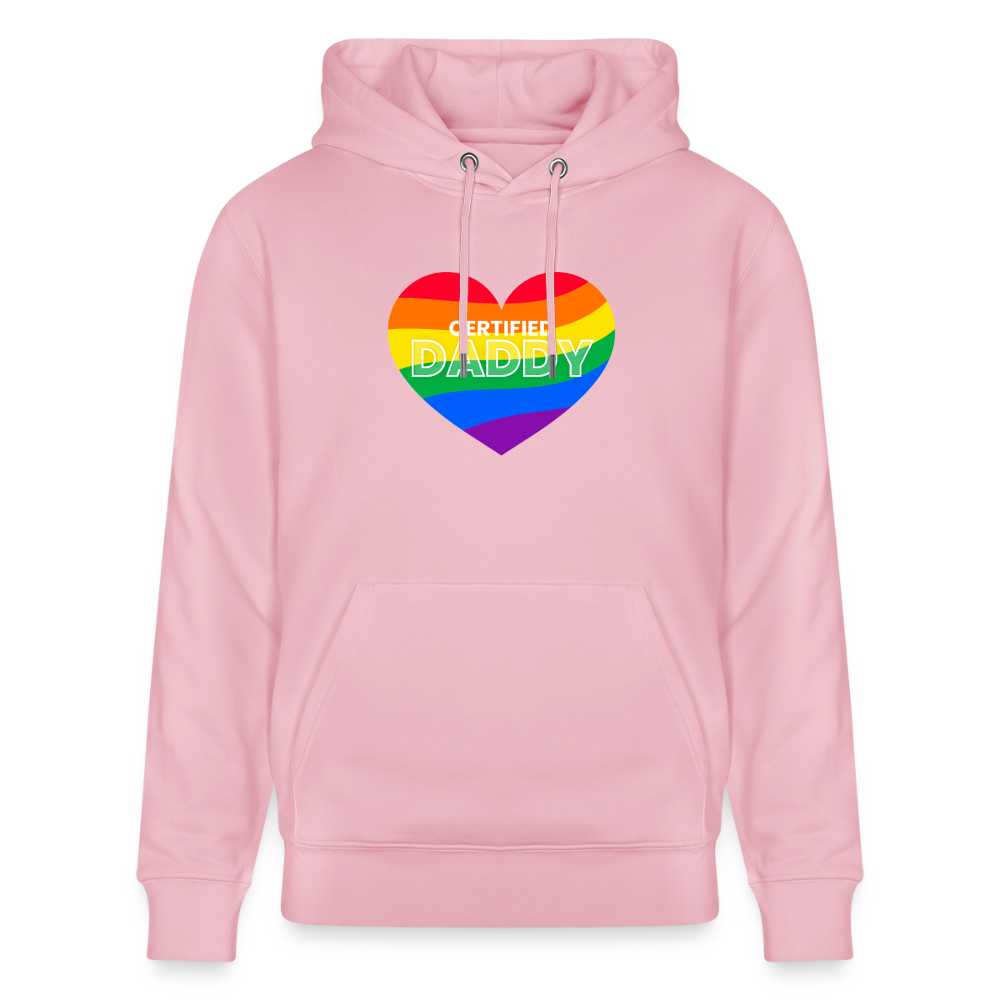 Hellrosa Bio-Hoodie mit dem fröhlichen Rainbow "CERTIFIED DADDY" Herz