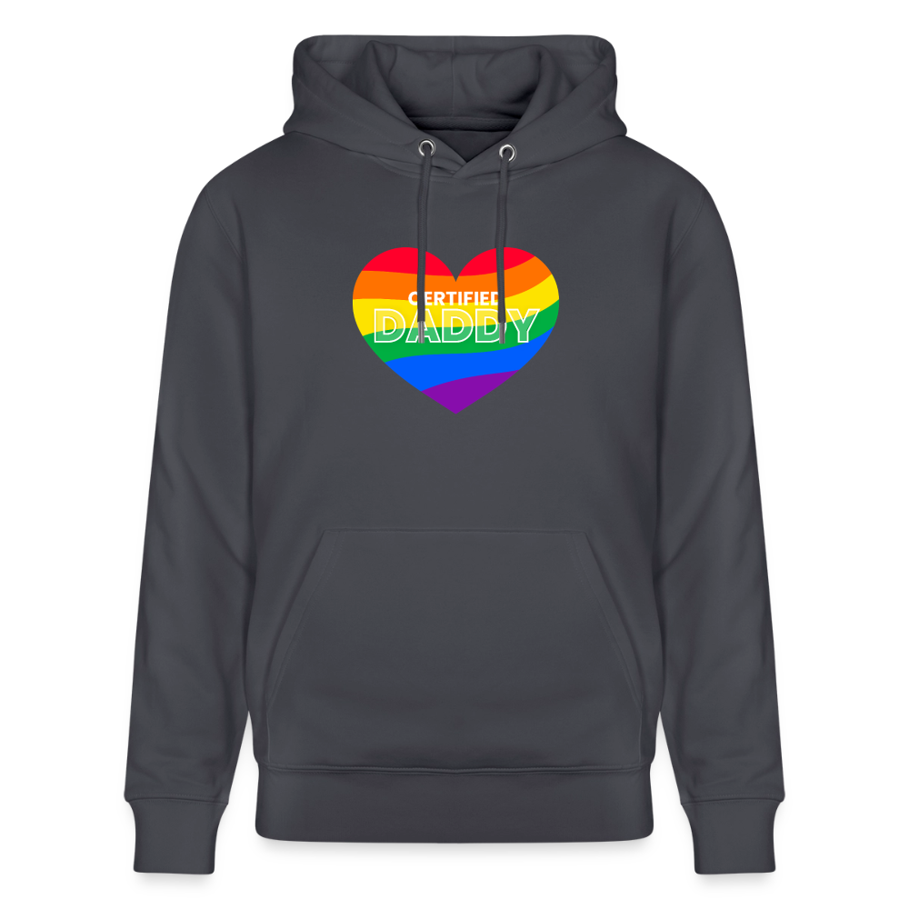 Indigoblaues Bio-Hoodie mit buntem Regenbogen-Herz und "CERTIFIED DADDY" Schriftzug von PrideLAB – selbstbewusstes Daddy Statement für erfahrene dominante Männer