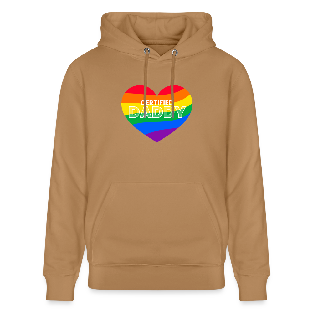 Karamellfarbenes Bio-Hoodie mit dem bunten CERTIFIED DADDY Design
