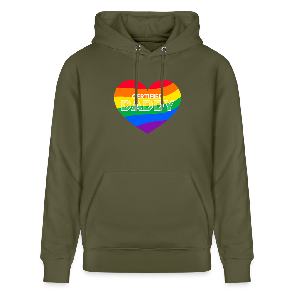 Khaki Grünes Bio-Hoodie mit "CERTIFIED DADDY" Rainbow Herz Motiv