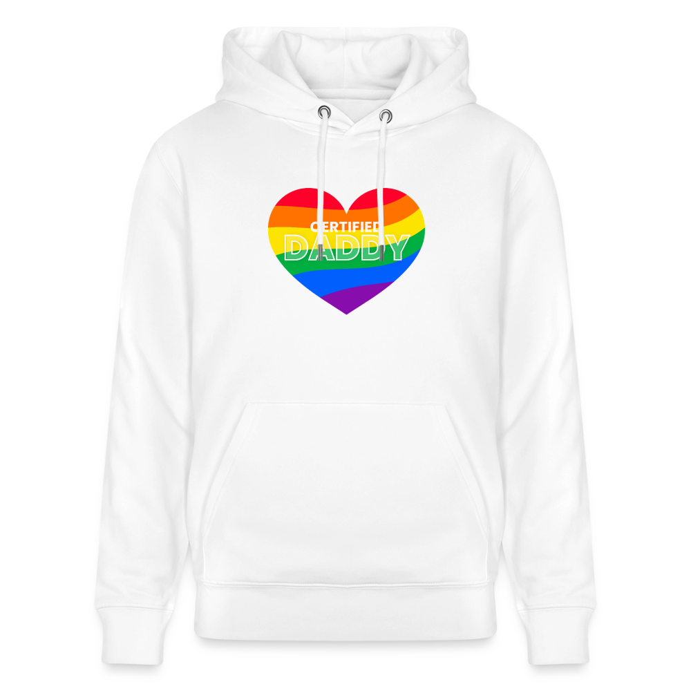 Weißes Bio-Hoodie mit leuchtendem "CERTIFIED DADDY" Pride Design
