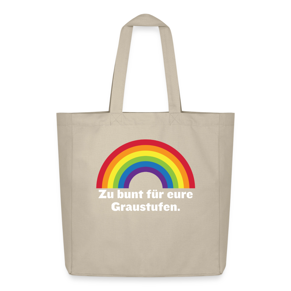 Helle (Cremebeige) Tote Bag, auf der das bunte Pride-Statement besonders stark und kontrastreich leuchtet