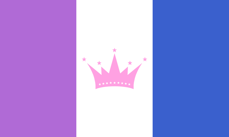 Die offizielle Drag Pride Flagge für Drag Queens, Kings und Artists. Das Design besteht aus drei vertikalen Streifen in Lila, Weiß und Blau, mit einer eleganten rosa Krone im zentralen weißen Streifen.