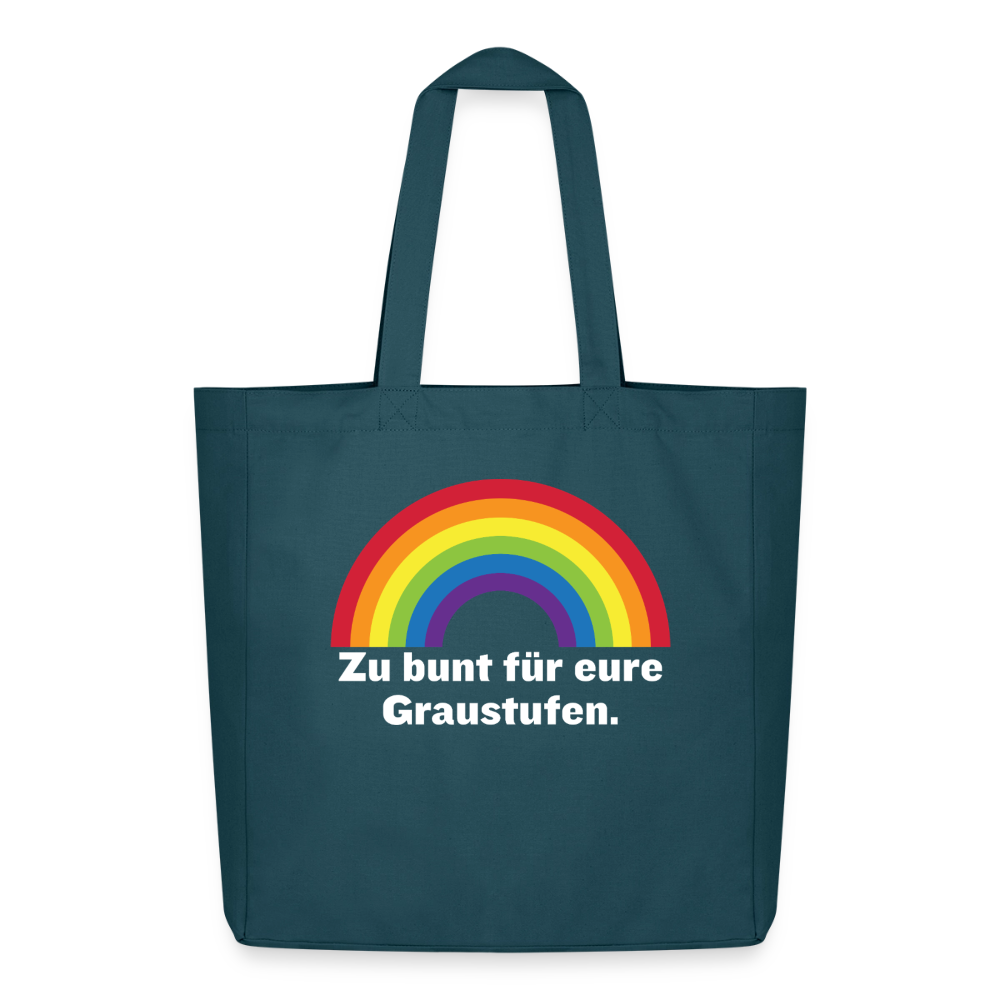 Tote Bag in Dunkles Petrol aus recycelter Baumwolle mit strahlendem Regenbogen-Druck