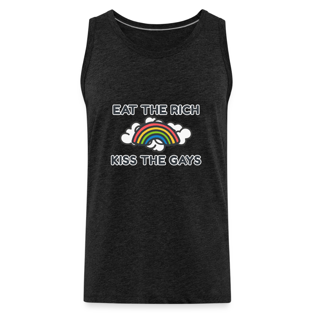 Freigestelltes anthrazitfarbenes Tank Top mit dem Statement „Eat The Rich Kiss The Gays“. Der farbige Regenbogen zwischen den Textzeilen verbindet harte politische Ansage mit queerer Sichtbarkeit für heiße Sommertage.