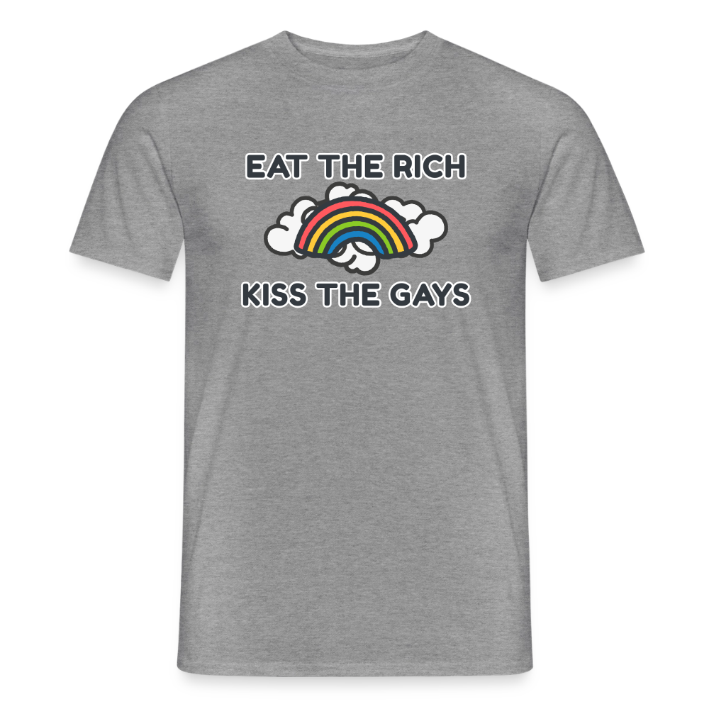 Produktdarstellung eines graphit melierten Shirts für die LGBTQ-Community. Das Design kombiniert weiche, weiße Wolken mit einer radikalen linken Forderung in fetten Buchstaben, um Sichtbarkeit und Solidarität zu feiern.