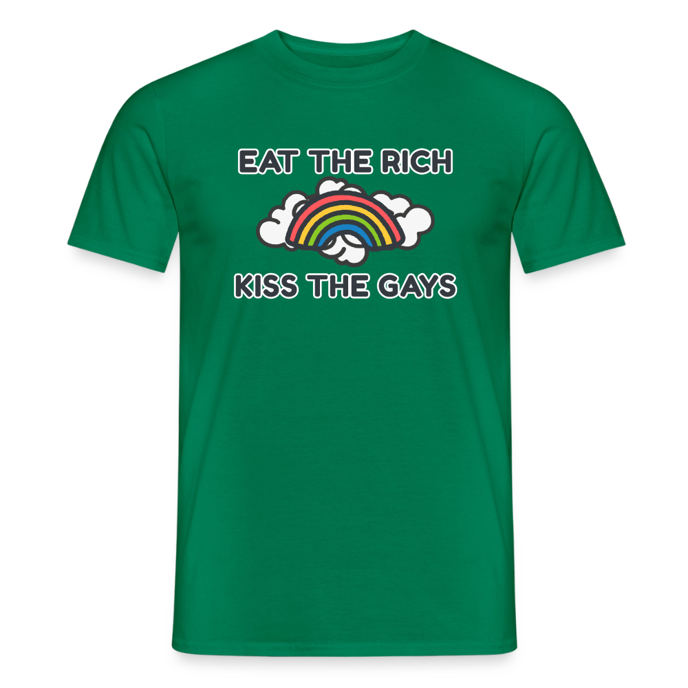 Ein kräftig grünes Shirt im transparenten Produkt-Mockup, das den Spagat zwischen Klassenkampf und queerer Romantik wagt. Die dicken, runden Buchstaben rahmen das Wolken-Motiv perfekt ein und setzen ein starkes Zeichen für die LGBTIQ-Community