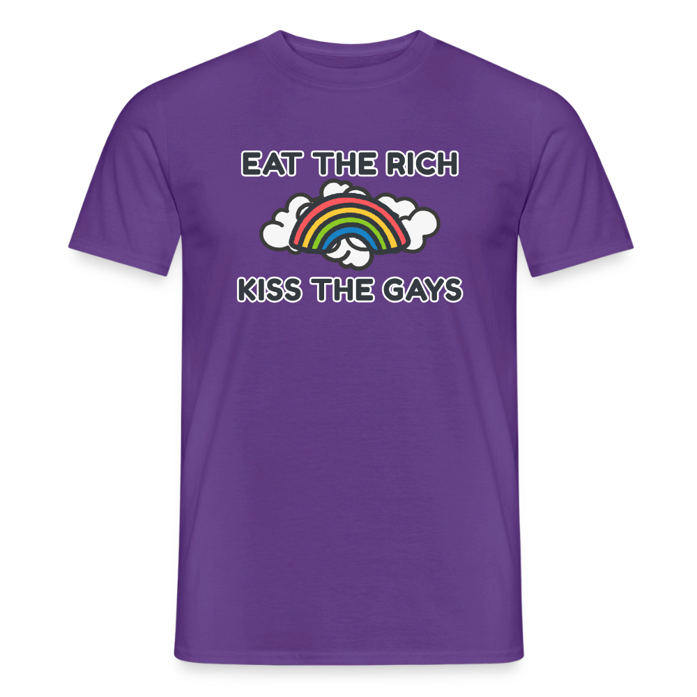 Ein lilafarbenes Shirt mit klarer Ansage für den CSD. Die auffällige, weiße Comic-Typografie und das bunte Wolken-Motiv machen dieses Kleidungsstück zu einem lauten, fröhlichen Statement gegen Ungerechtigkeit