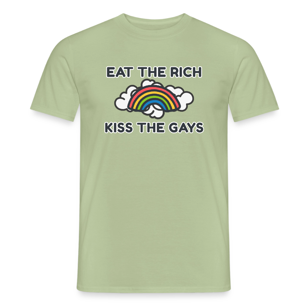 Produktbild des Pride-Shirts in der trendigen Farbe Sage. Das politische Motiv verbindet eine harte linke Forderung in gut lesbarer Schrift mit einer niedlichen, farbenfrohen Regenbogen-Illustration