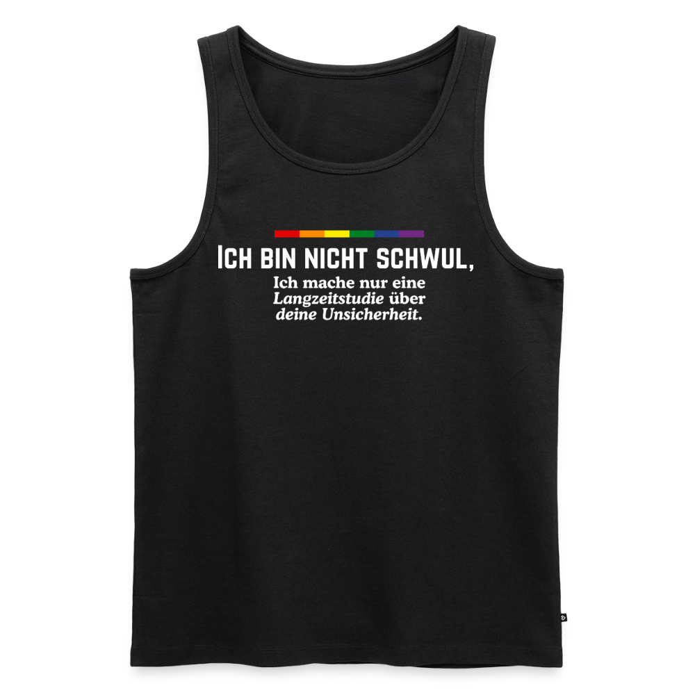 Maximale Lesbarkeit für maximale Provokation. Das tiefschwarze Tank Top präsentiert den frechen, in strahlendem Weiß gedruckten Text „ICH BIN NICHT SCHWUL, Ich mache nur eine Langzeitstudie über deine Unsicherheit.“ Ein minimalistischer Regenbogen sorgt für den farblichen LGBTQ-Akzent auf dem schwarzen Stoff.