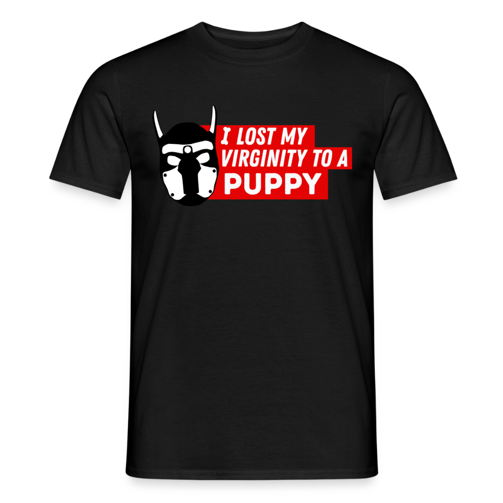 Schwarzes T-Shirt mit ikonischem rotem Puppy Design "I Lost My Virginity To A Puppy"